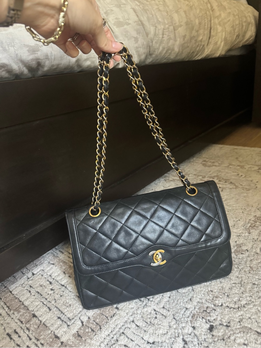 CHANEL Paris Double Flap Black Quilted Shoulder Bag